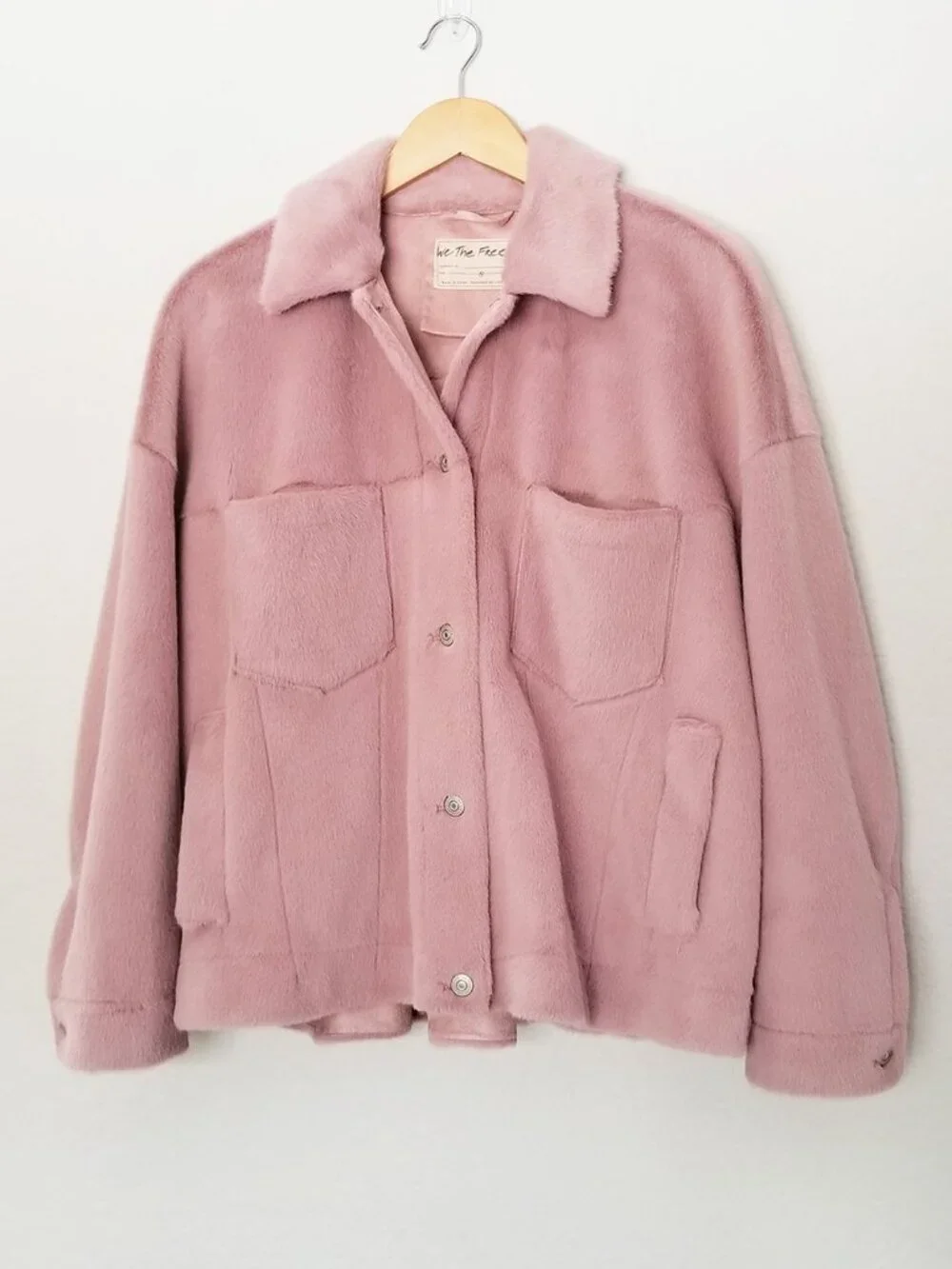 Free People We the Free Cozy Opal Swing Jacket in Pink Size S Faux Fur Teddy $98